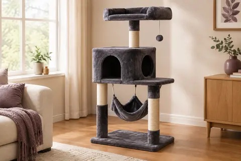 Arbre à chat gris foncé avec hamac, niche, plateforme supérieure et poteaux en sisal