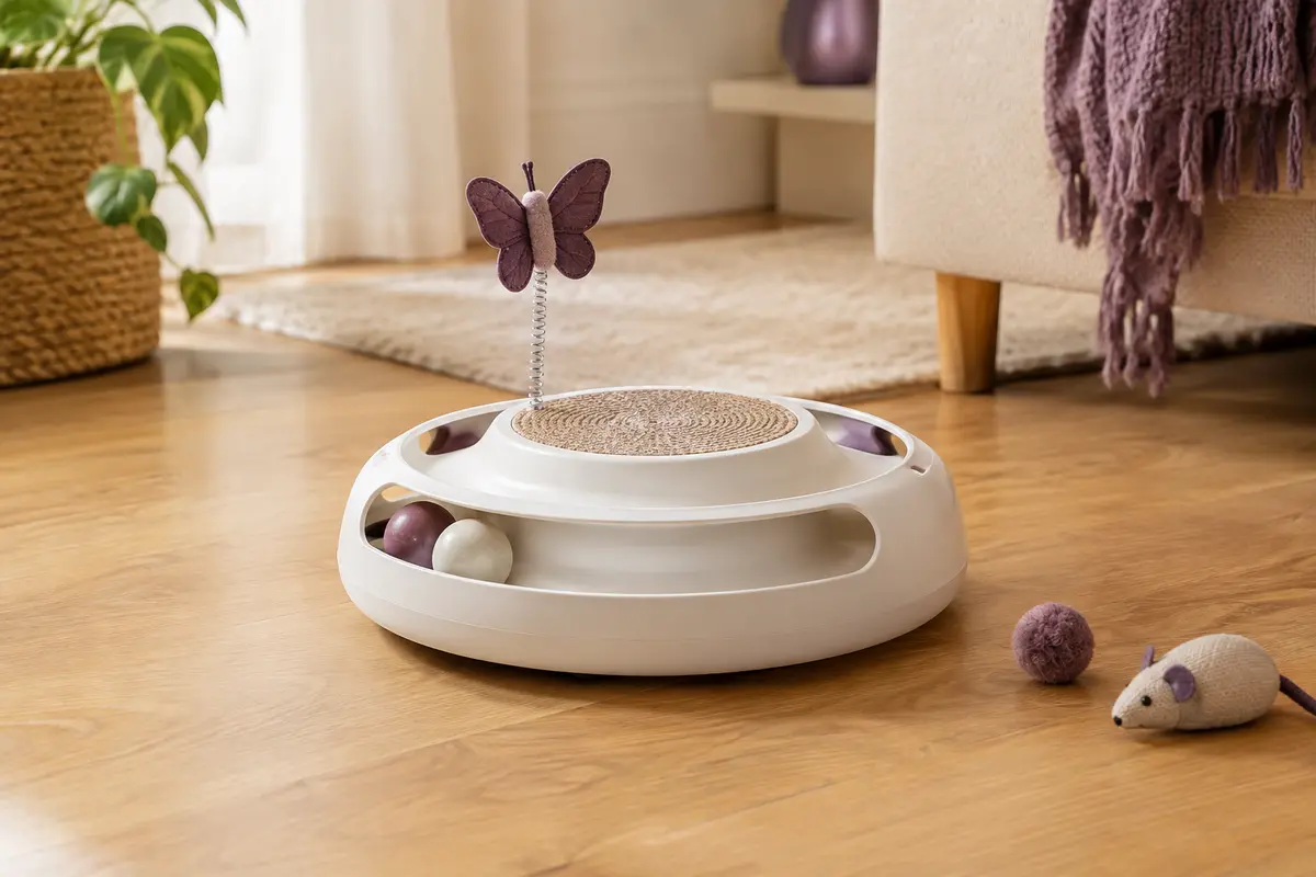 Jouet interactif blanc pour chat avec piste à balles, plume mobile et papillon en tissu