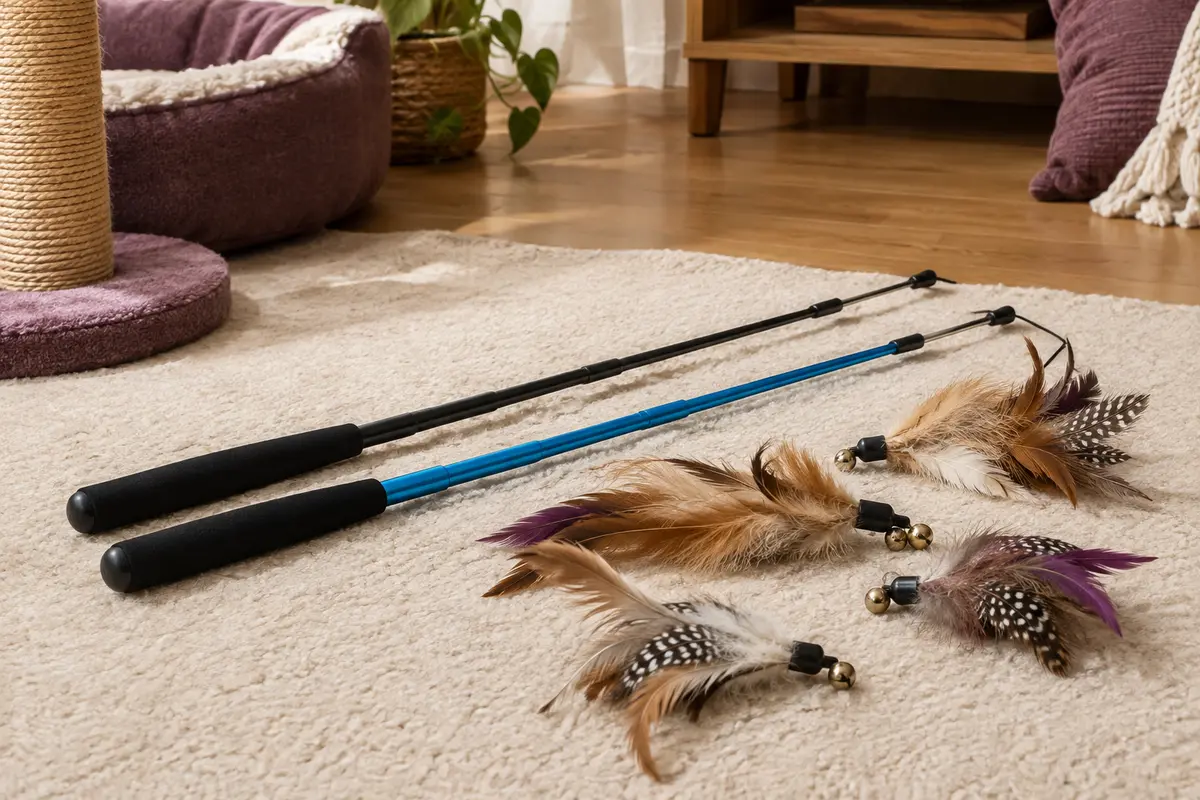 Deux baguettes télescopiques pour chat et des têtes à plumes avec clochette posées sur un tapis crème.