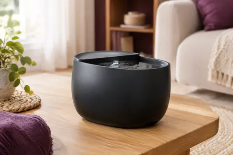 Fontaine à eau pour chat noire mate, avec plateau supérieur amovible, posée dans un intérieur lumineux.