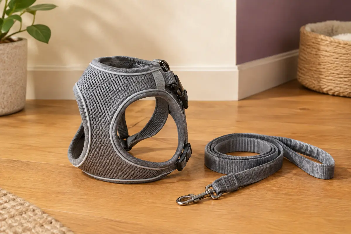 Harnais gris pour chat en maille avec laisse assortie et bord réfléchissant, posé sur un sol en bois miel.