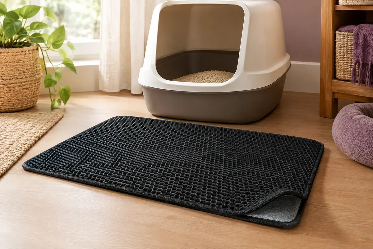 Tapis de litière noir en EVA à double couche alvéolée posé devant un bac dans un intérieur chaleureux.