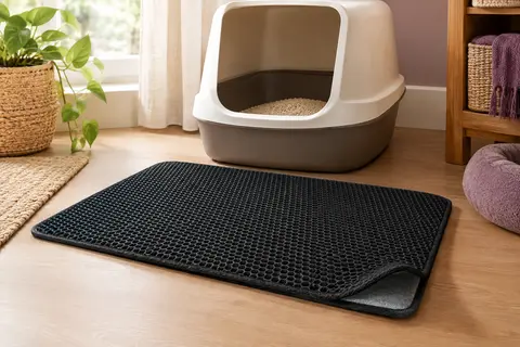 Tapis de litière noir en EVA à double couche alvéolée posé devant un bac dans un intérieur chaleureux.