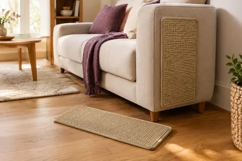 Deux tapis griffoirs en sisal naturel, l’un au sol et l’autre fixé sur un canapé