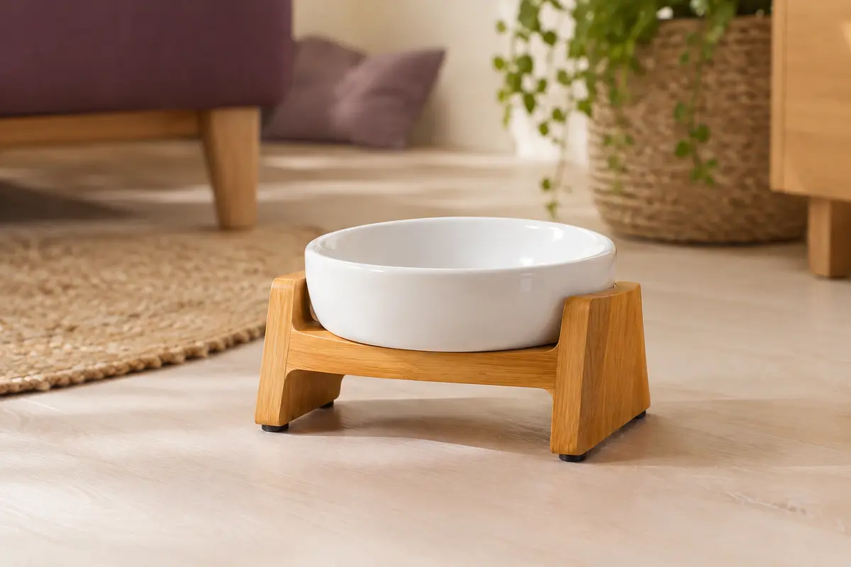Gamelle blanche en céramique sur son support surélevé en bambou, dans un intérieur chaleureux.