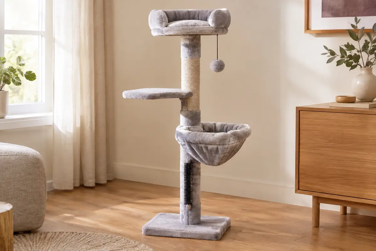 Arbre à chat gris clair avec deux plateformes, panier douillet, brosse intégrée et griffoir en sisal.