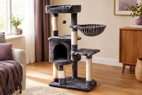 Arbre à chat Heybly avec panier, couchette cachée, plateforme et poteaux à griffer