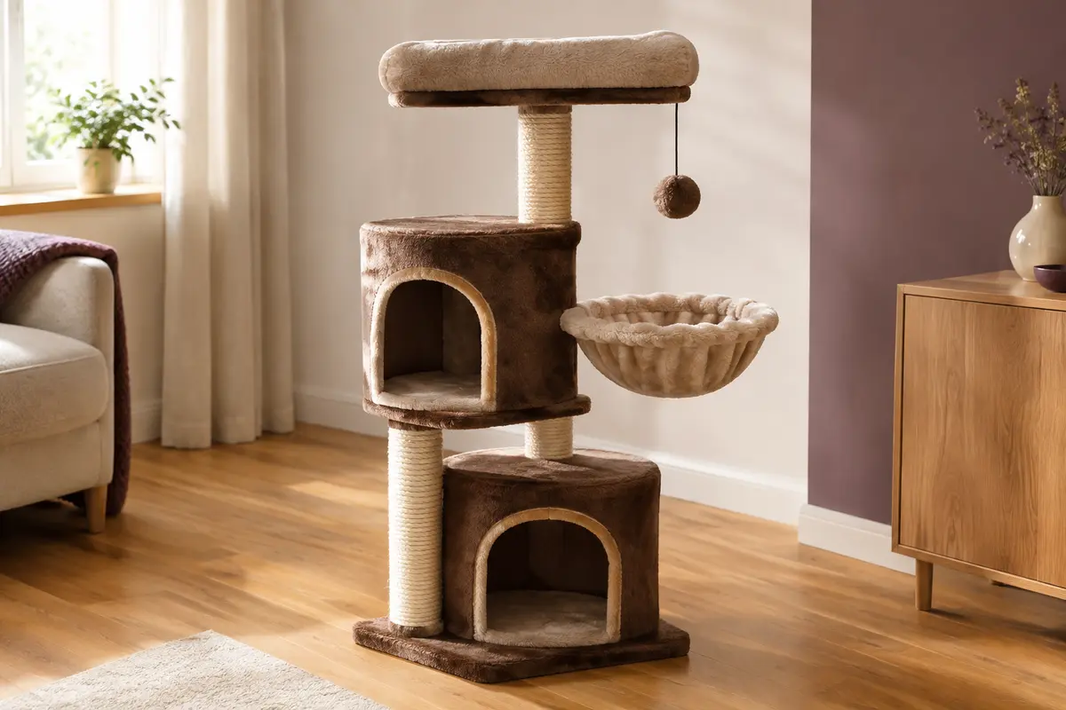 Arbre à chat marron et beige à deux niches, plateforme, panier et poteau en sisal dans un intérieur chaleureux.