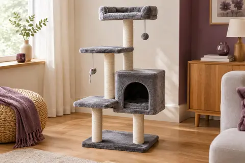 Arbre à chat gris à trois plateformes, avec niche, poteaux en sisal et jouets suspendus