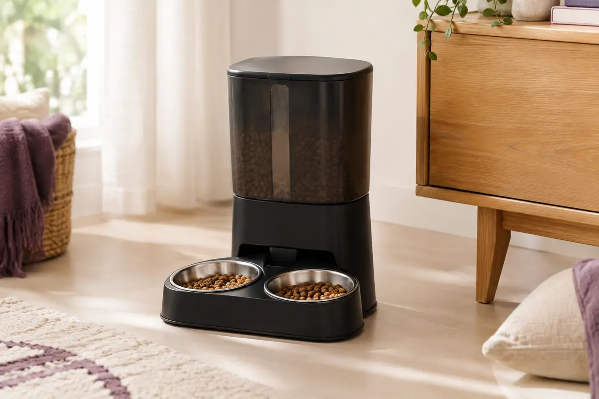 Distributeur automatique noir avec réserve de croquettes et deux bols en acier inoxydable côte à côte.