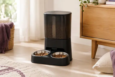 Distributeur automatique noir avec réserve de croquettes et deux bols en acier inoxydable côte à côte.