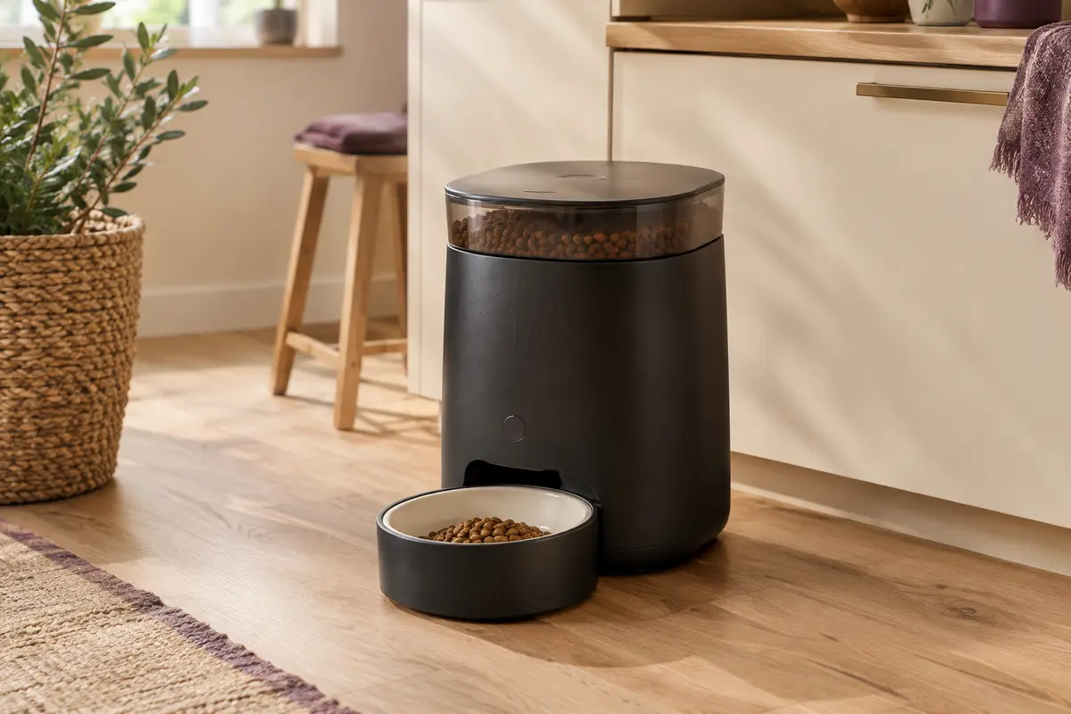 Distributeur automatique noir pour chat avec bol en céramique amovible, présenté dans un intérieur chaleureux