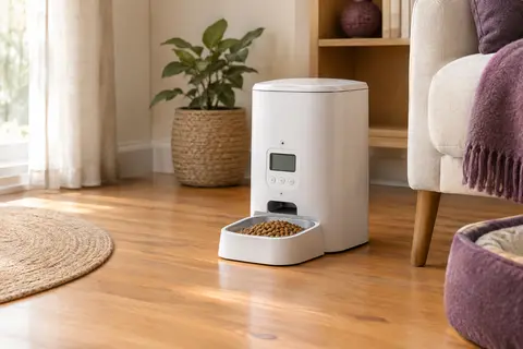 Distributeur blanc de croquettes pour chat avec écran LCD et plateau amovible, posé sur un sol en bois
