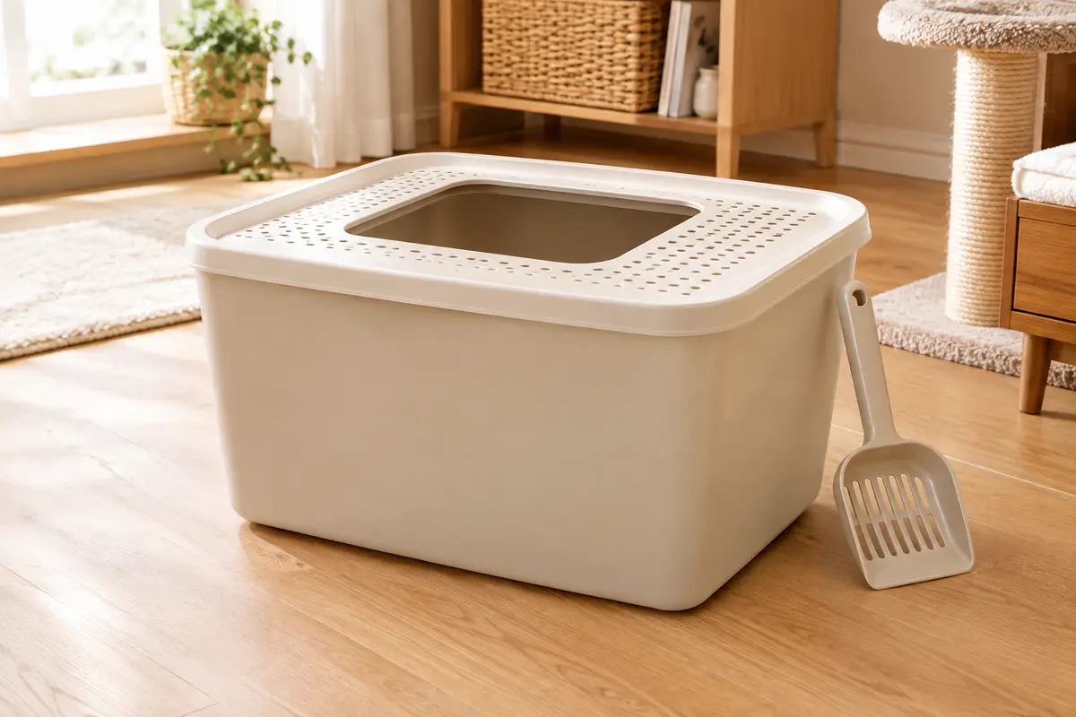 Bac à litière beige pour chat avec entrée supérieure, couvercle perforé amovible et pelle assortie.