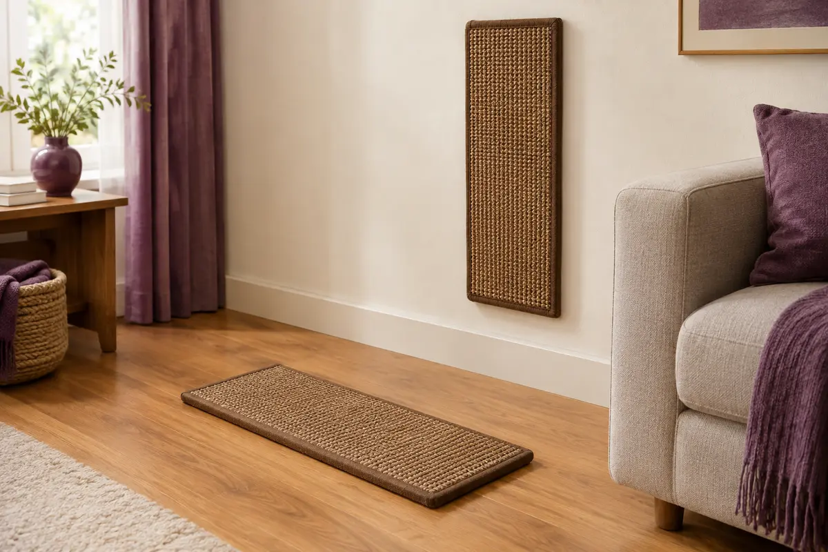 Deux tapis griffoirs rectangulaires en sisal marron, l’un posé au sol et l’autre fixé sur un mur clair.