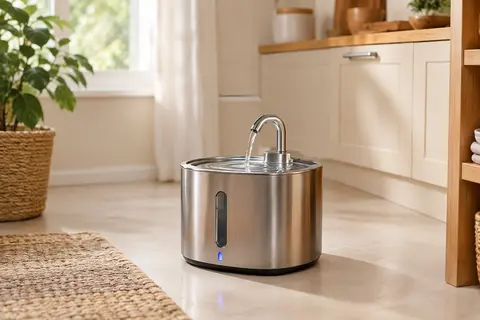 Fontaine à eau pour chat en acier inoxydable avec bec façon robinet et fenêtre de niveau visible