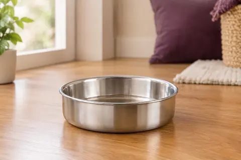 Gamelle ronde en acier inoxydable, large et peu profonde, posée sur une surface en bois miel.