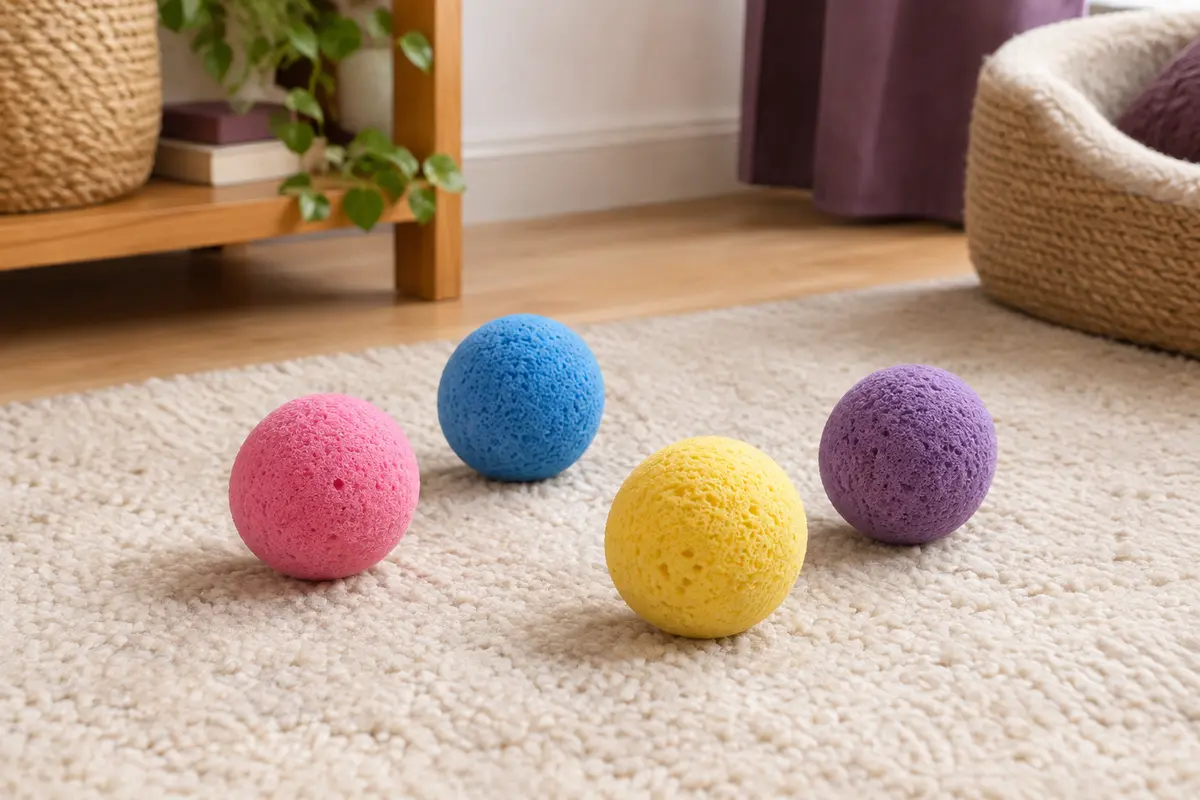 Quatre petites balles en éponge pour chat, rose, bleue, jaune et violette, posées sur un tapis crème.