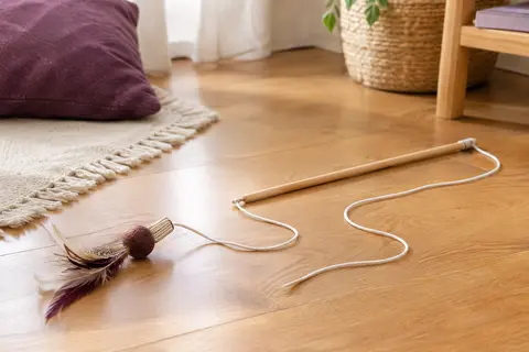 Canne à pêche pour chat avec tige en bois de hêtre et long cordon blanc en coton.