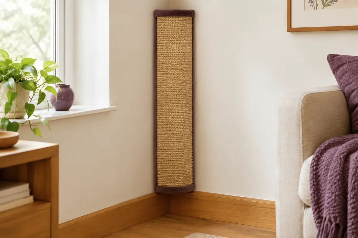 Griffoir vertical en sisal beige fixé dans un angle, avec son envers recouvert de polaire.