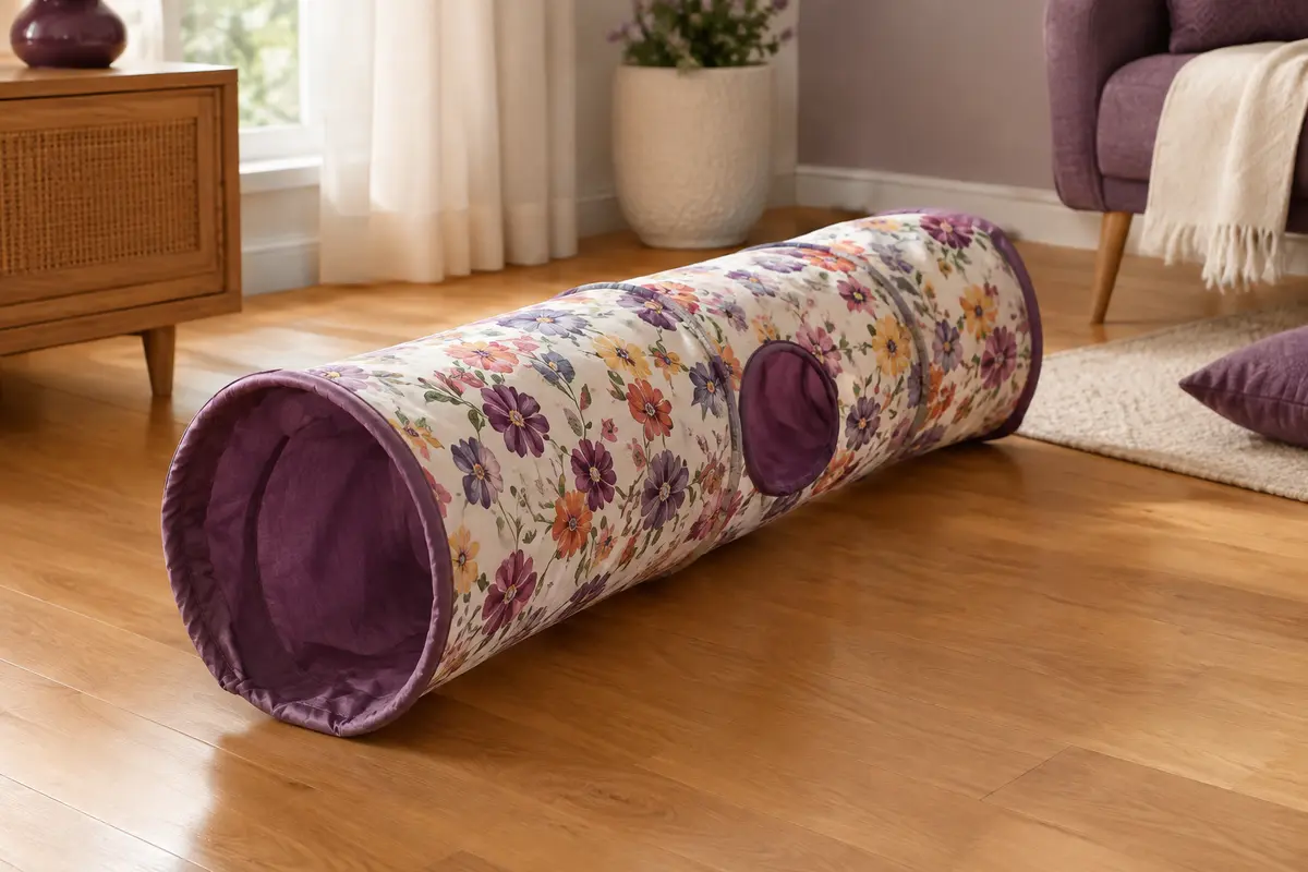 Tunnel pour chat en nylon à motif floral multicolore, posé dans un intérieur chaleureux sur un sol en bois.
