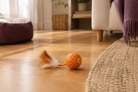 Balle interactive orange pour chat avec surface ondulée et queue amovible, posée sur un parquet.