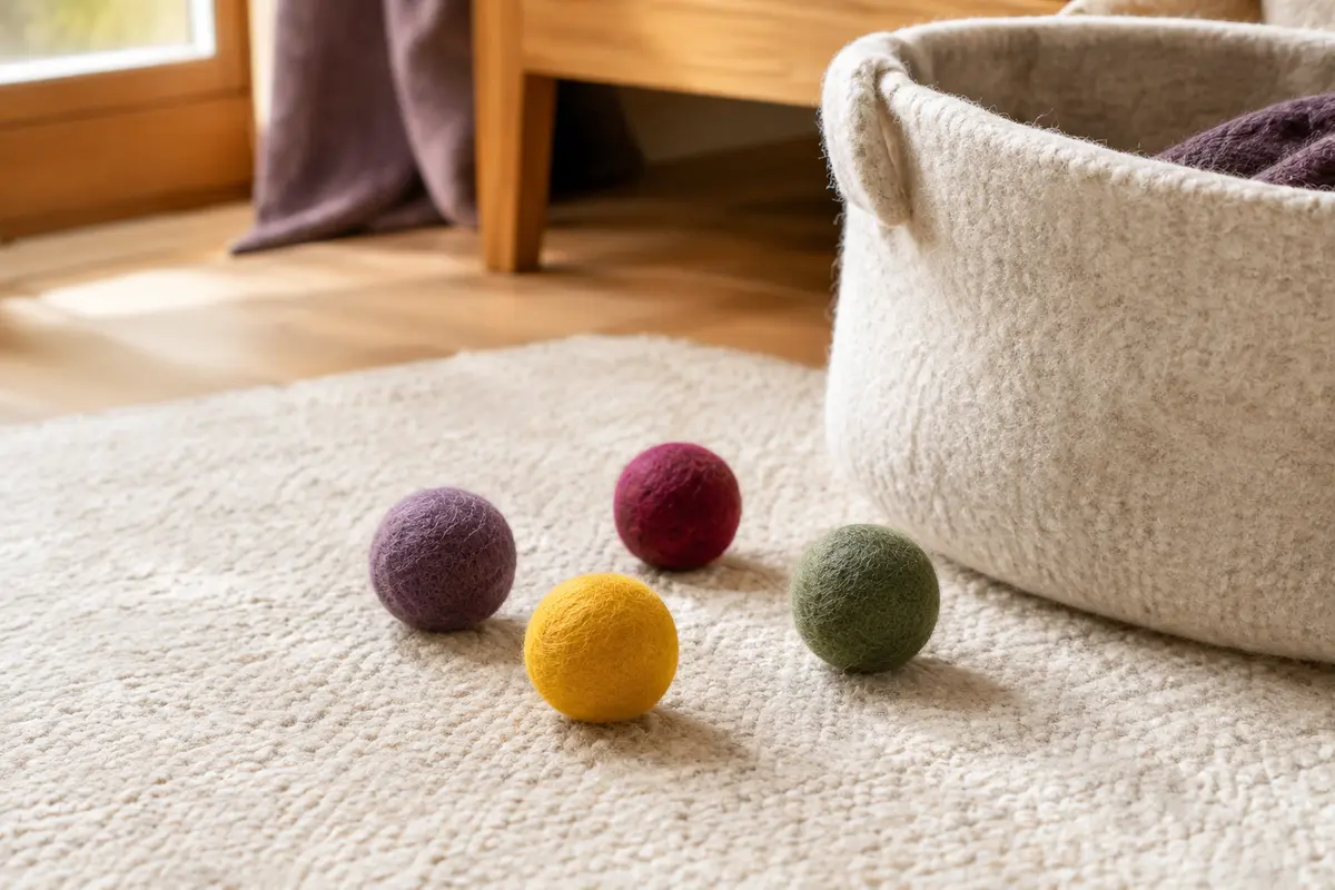 Quatre petites balles colorées en laine avec clochette, posées près de leur sac de rangement