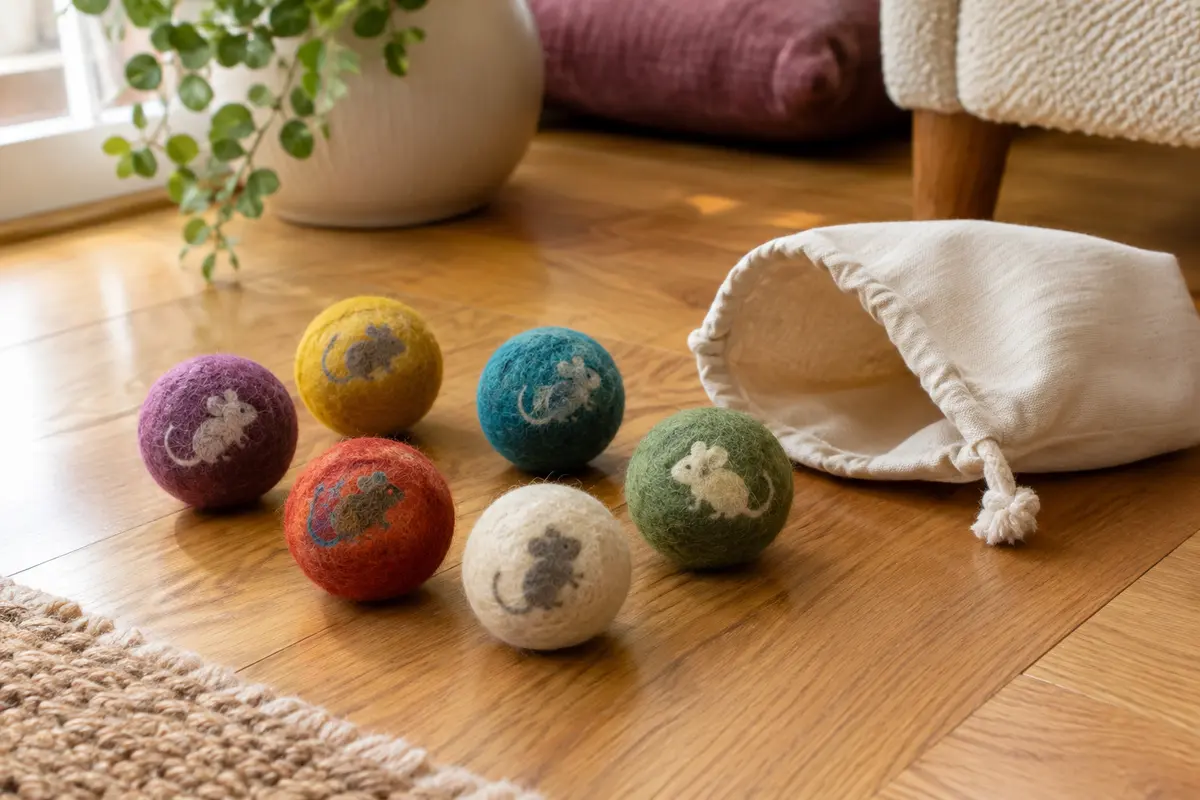 Six balles colorées en laine feutrée avec motif de souris, accompagnées de leur sac en coton