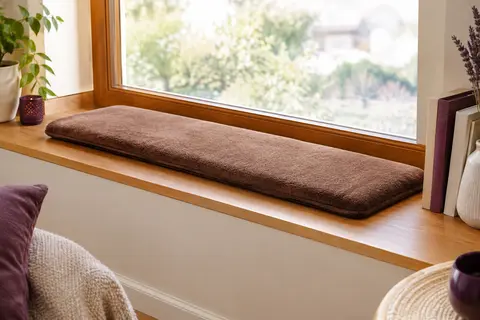 Tapis de fenêtre marron pour chat posé à plat sur un large rebord en bois près d’une fenêtre lumineuse.