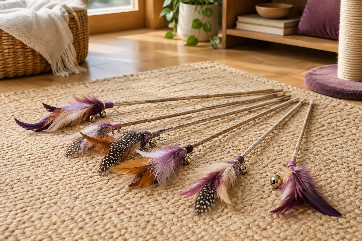 Lot de six baguettes à plumes multicolores avec clochettes posé sur un tapis de sisal