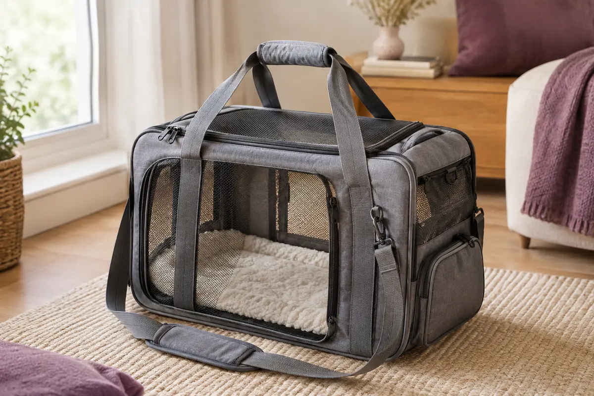 Sac de transport pliable gris avec panneaux en maille, bandoulière et coussin en peluche amovible