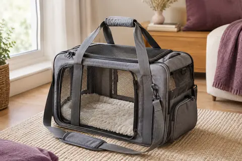 Sac de transport pliable gris avec panneaux en maille, bandoulière et coussin en peluche amovible