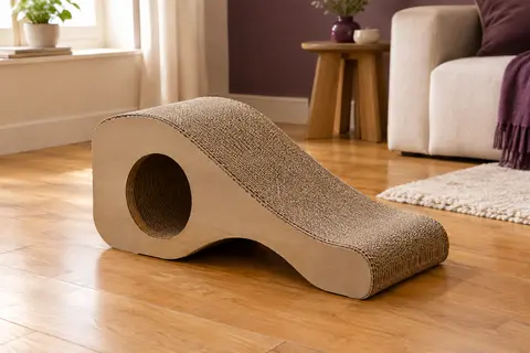 Griffoir incliné en carton naturel avec trou de jeu, posé sur un sol en bois dans un intérieur lumineux.