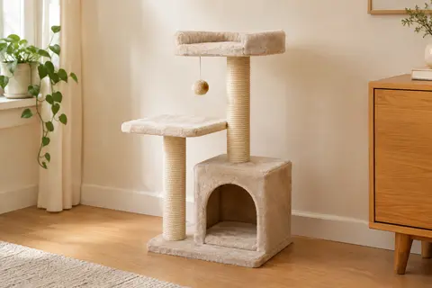 Arbre à chat beige à trois niveaux avec niche, deux plateformes, balle en peluche et poteaux en sisal.