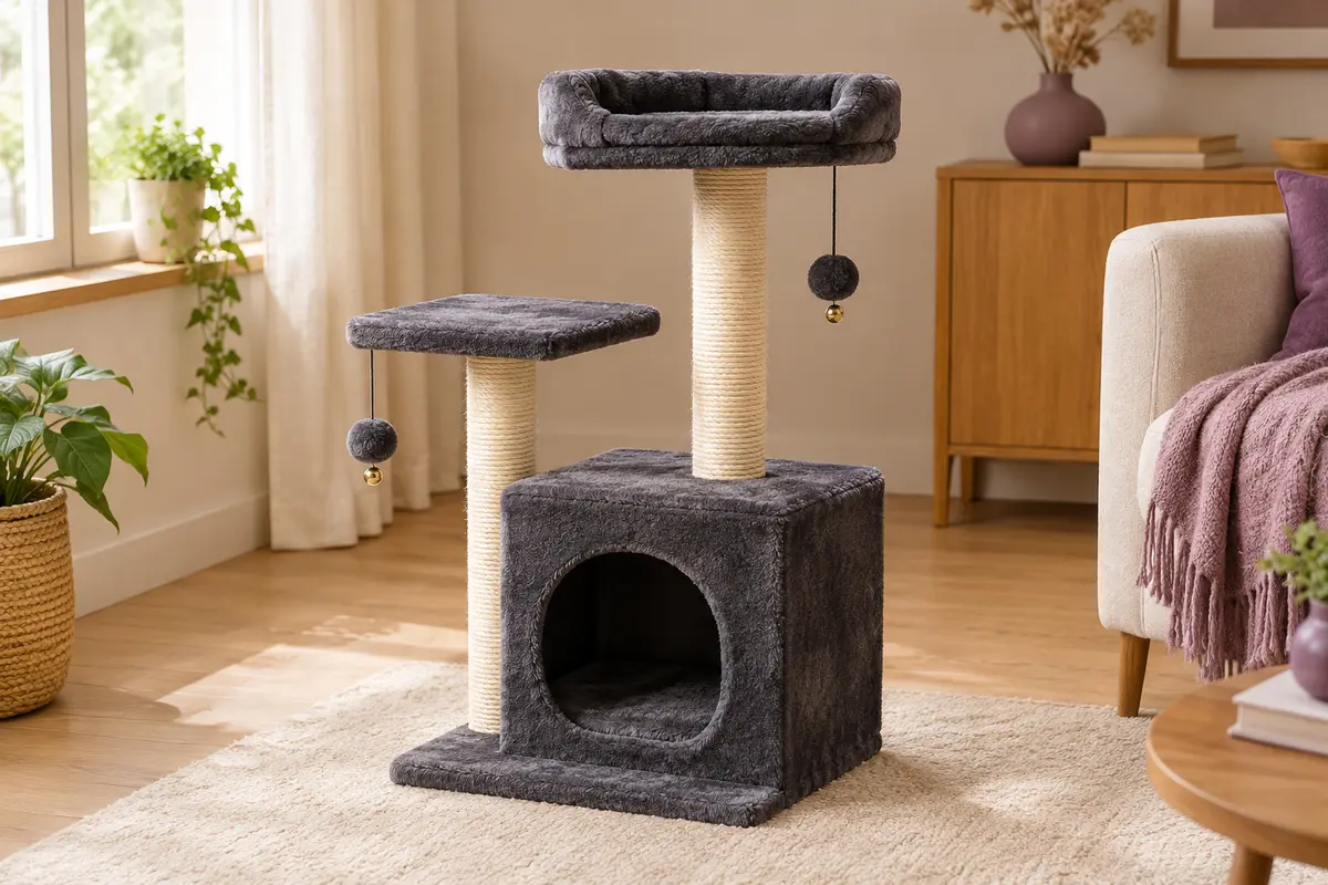 Petit arbre à chat gris foncé avec niche, couchage en hauteur, troncs en sisal et deux balles suspendues.
