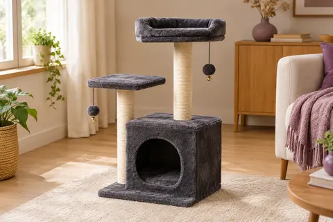 Petit arbre à chat gris foncé avec niche, couchage en hauteur, troncs en sisal et deux balles suspendues.