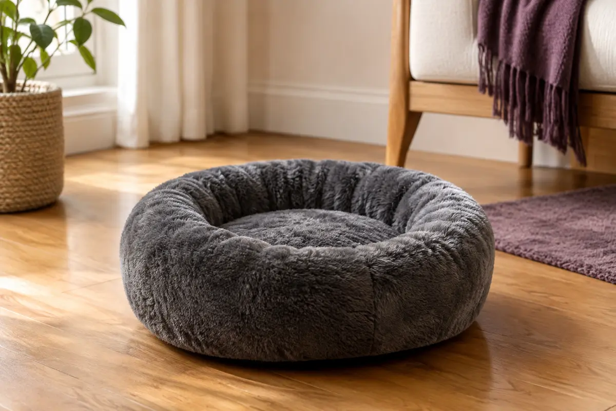 Lit donut rond en peluche gris foncé pour chat, avec rebord rembourré et forme enveloppante