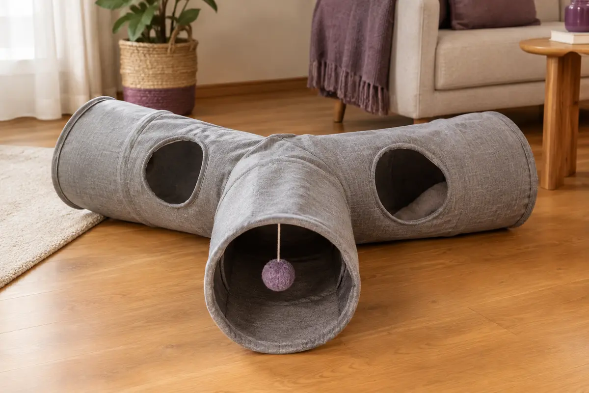 Tunnel pour chat gris à trois voies avec balle et cachettes, déployé dans un intérieur chaleureux