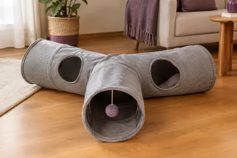Tunnel pour chat gris à trois voies avec balle et cachettes, déployé dans un intérieur chaleureux