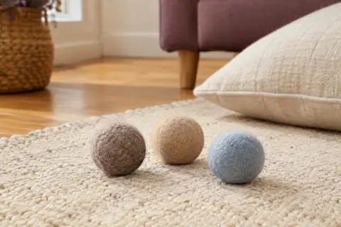 Trois balles pour chat en laine feutrée taupe, sable et bleu clair posées sur un tapis clair.
