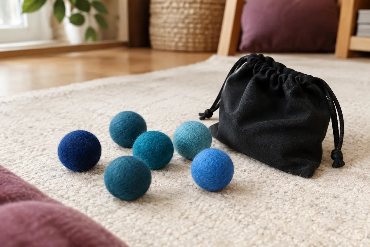 Six petites balles bleues et turquoise en feutre de laine posées près d’un sac en coton noir