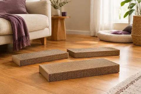 Griffoirs réversibles en carton ondulé beige présentés dans un intérieur chaleureux