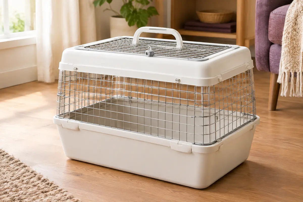 Caisse de transport blanche pour chat avec ouverture supérieure, côtés en maille et bac profond intégré.