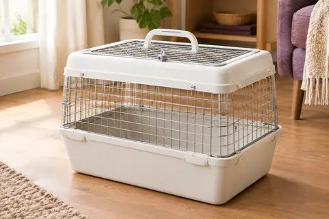 Caisse de transport blanche pour chat avec ouverture supérieure, côtés en maille et bac profond intégré.