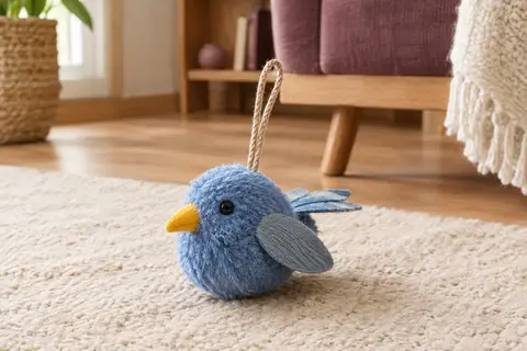 Jouet interactif pour chat en forme d’oiseau bleu en peluche, avec corde de suspension