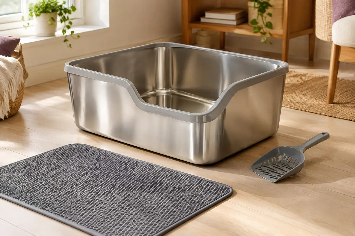 Bac à litière ouvert en inox argenté à bords hauts, accompagné de sa pelle et de son tapis antidérapant