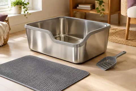 Bac à litière ouvert en inox argenté à bords hauts, accompagné de sa pelle et de son tapis antidérapant