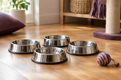Quatre bols pour chat en acier inoxydable avec anneau antidérapant et jouet posé à côté