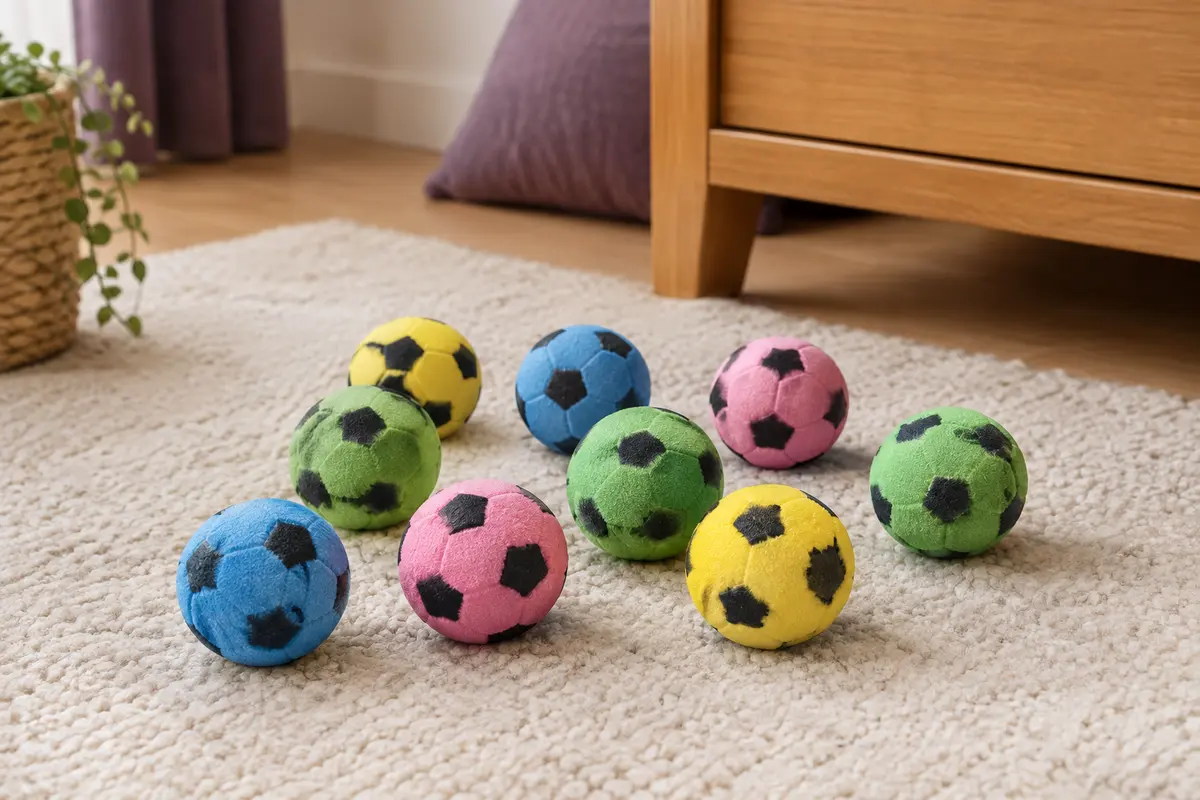 Dix balles en mousse pour chat au motif football, en couleurs assorties sur un tapis crème