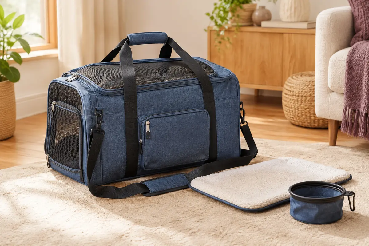 Sac de transport souple bleu denim pour chat, avec panneaux en maille, bandoulière et tapis amovible